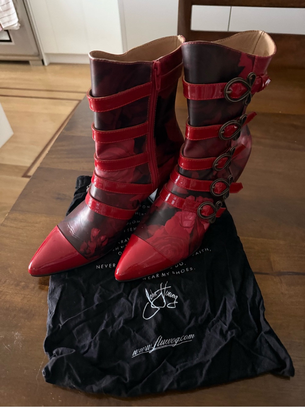 John Fluevog Red Floral Pointed Toe Strappy Ankle Boots